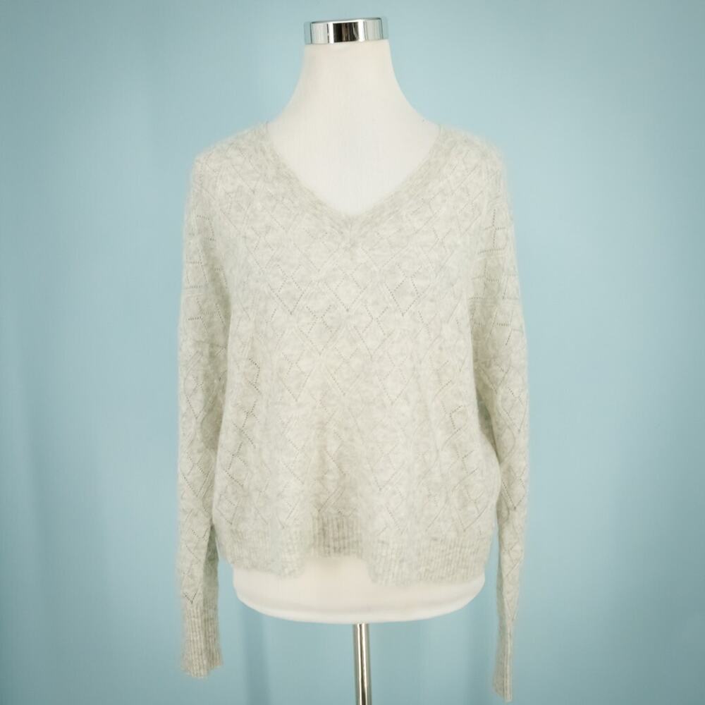 Autumn Cashmere Size XS Gray Pointelle Open Knit V Neck Cashmere Silk Sweater